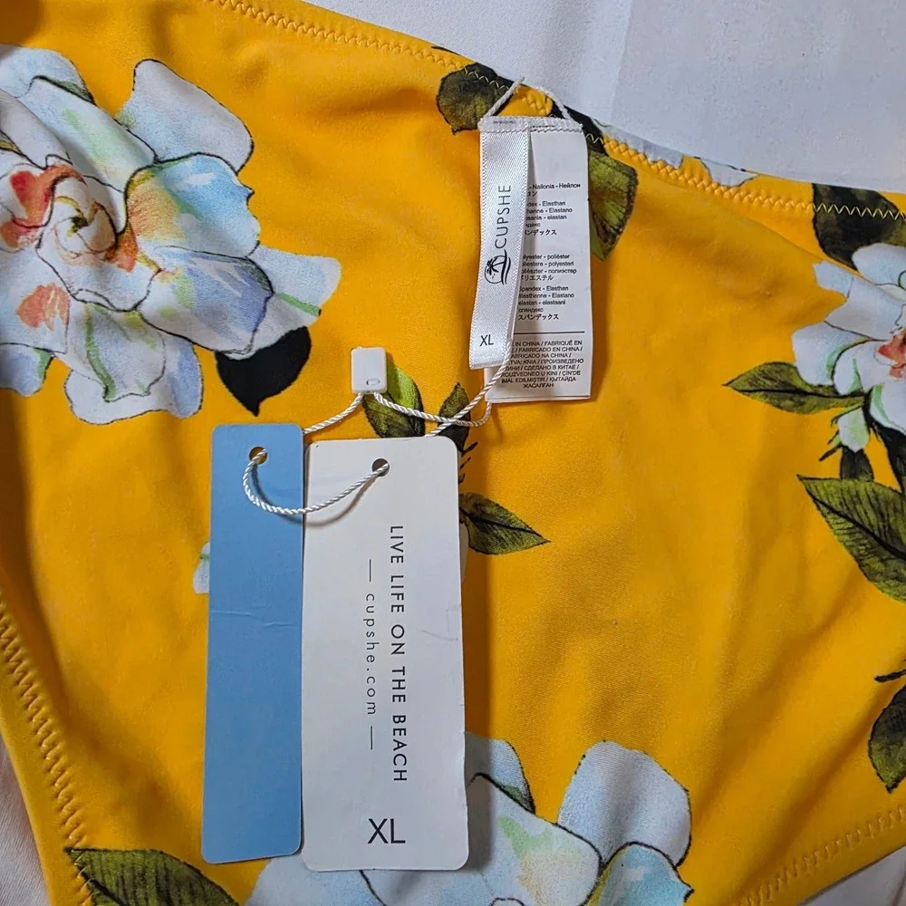 Cupshe XL Yellow Floral High Waisted Bikini Bottom Side Tie Swim Brief‎ NWT